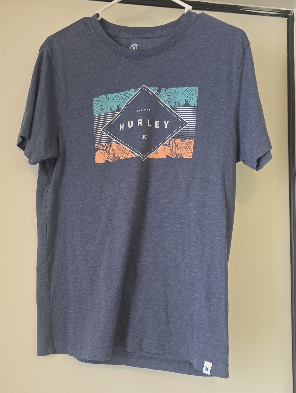 Hurley Navy Short-Sleeve Graphic Logo Tee with Teal and Coral Accents